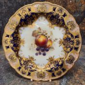 A Royal Worcester shaped circular plate,  painted by F (Frank) Roberts, signed, with ripe peaches