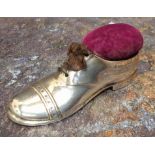 A Geroge V silver pin cushion,  in the form of a gentleman's brogue shoe, wooden sole & heal, laces,