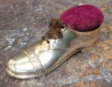A Geroge V silver pin cushion,  in the form of a gentleman's brogue shoe, wooden sole & heal, laces,