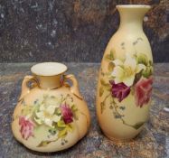 A Royal Worcester two-handled lobed ovoid vase, printed and painted with summer flowers on a blush