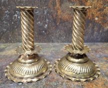 A pair of late 19th century plated candlesticks, spirally fluted columns, low drip plates, domed