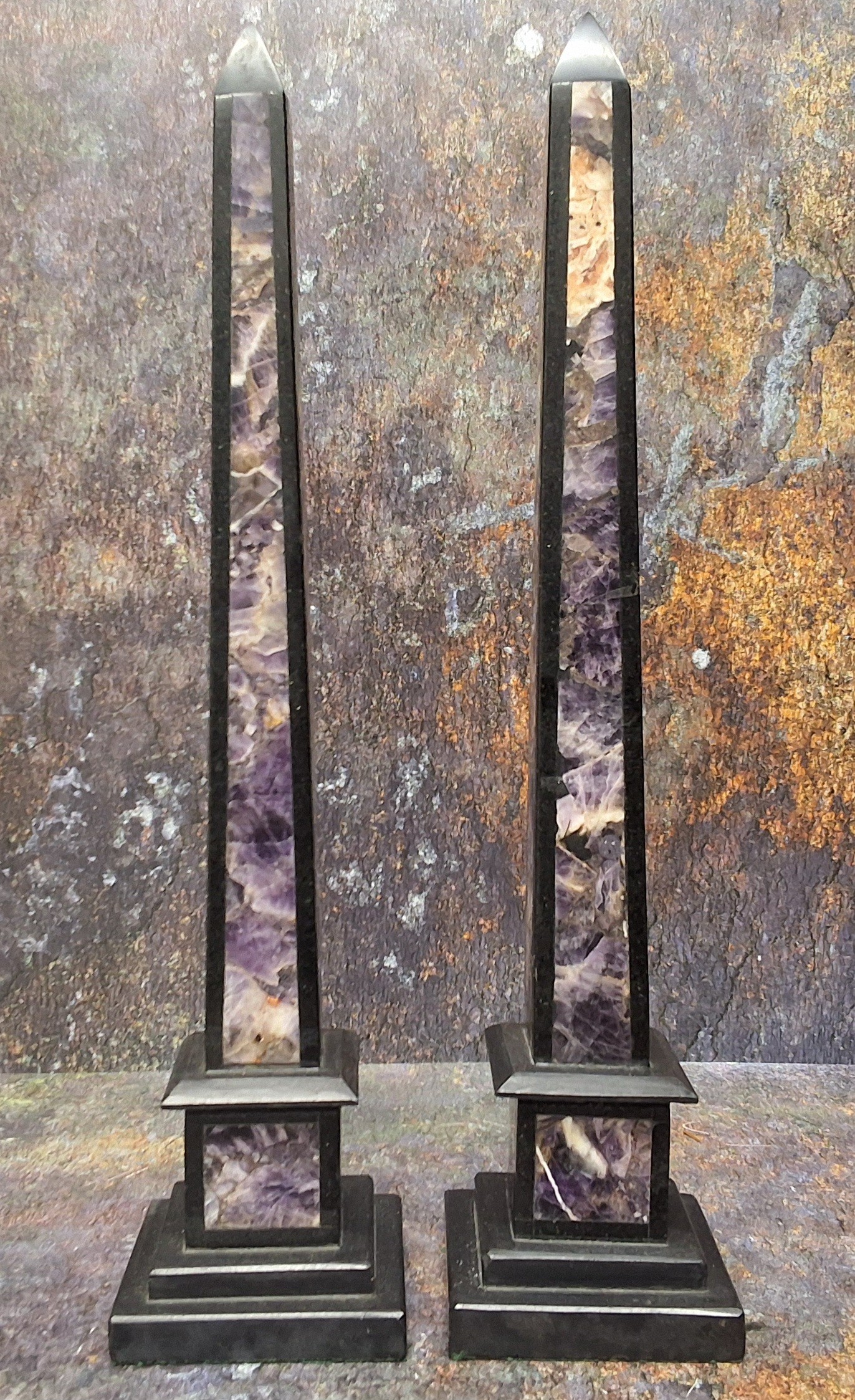 A pair of 'Grand Tour' type amethyst and black marble obelisks, 38.5cm high - Image 4 of 4