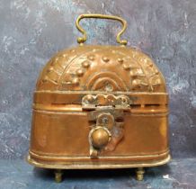 A 19th copper travelling warmer, possibly Turkish, embossed with stylised leaves, 24cm high, 24cm