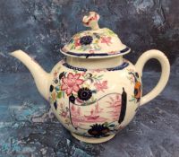 A very rare Worcester globular teapot and cover,  painted in puce with a landscape within a scroll