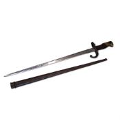 A French gras bayonet,   the blade inscribed  Paris Oudry,  1879,  wood grip,  metal scabbard, blade