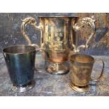 A large E.P.N.S. Masonic three handled tyg/loving cup, engraved with crest for Wentworth Lodge