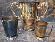 A large E.P.N.S. Masonic three handled tyg/loving cup, engraved with crest for Wentworth Lodge