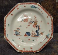 A Bow Two Quail pattern octagonal plate, painted in red and blue, outlined in black with quails