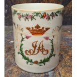 A Chinese Armorial famille rose porter mug, decorated with initials, below a crown, flanked by