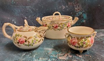 A Sampson Hancock cauldron, decorated with roses, gilt foliage and forget-me-nots, gilt line rim,