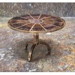 A good Blue John miniature table, the circular top radiating, divided by white metal, conforming