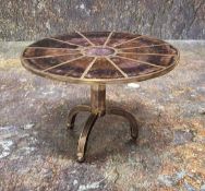 A good Blue John miniature table, the circular top radiating, divided by white metal, conforming