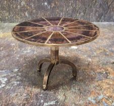 A good Blue John miniature table, the circular top radiating, divided by white metal, conforming