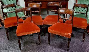 A composed set of six George III  dining chairs, spirally turned horizontal splat, stuffed-over