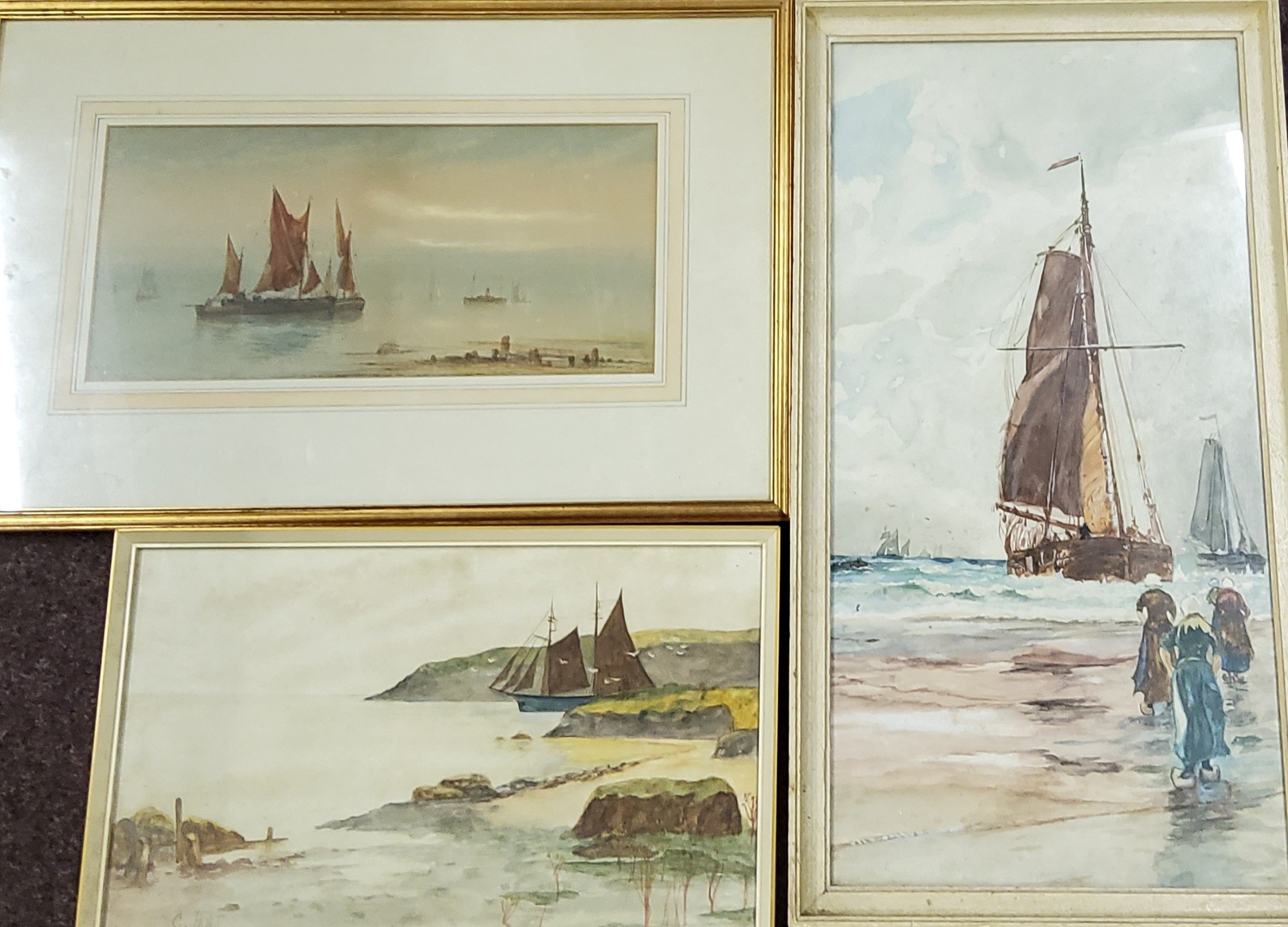 J**Mortimer, early 20th century, Fishing off the Coast, signed, watercolour, 16.5cm x 34.5cm;