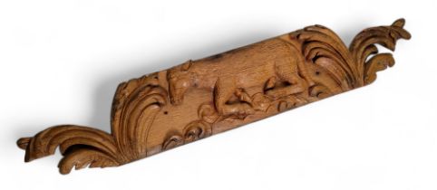 An early Continental 'Order of The Golden Fleece' type carved oak fragment, possibly Belgian, 20cm