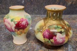 A Royal Worcester baluster vase, painted by M. Hunt, signed, with roses and foliage, 11cm high,