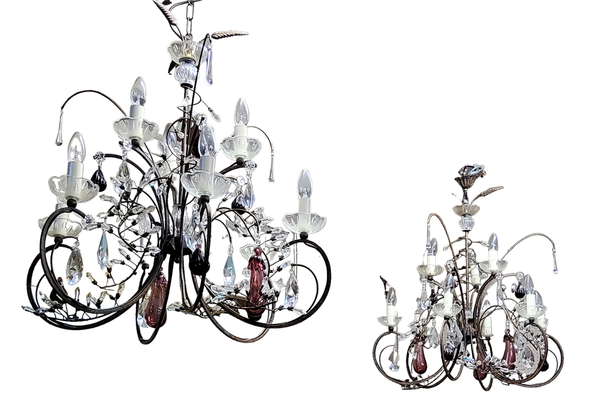 A pair of Murano glass country house chandeliers, wrought iron and glass, early 20th century