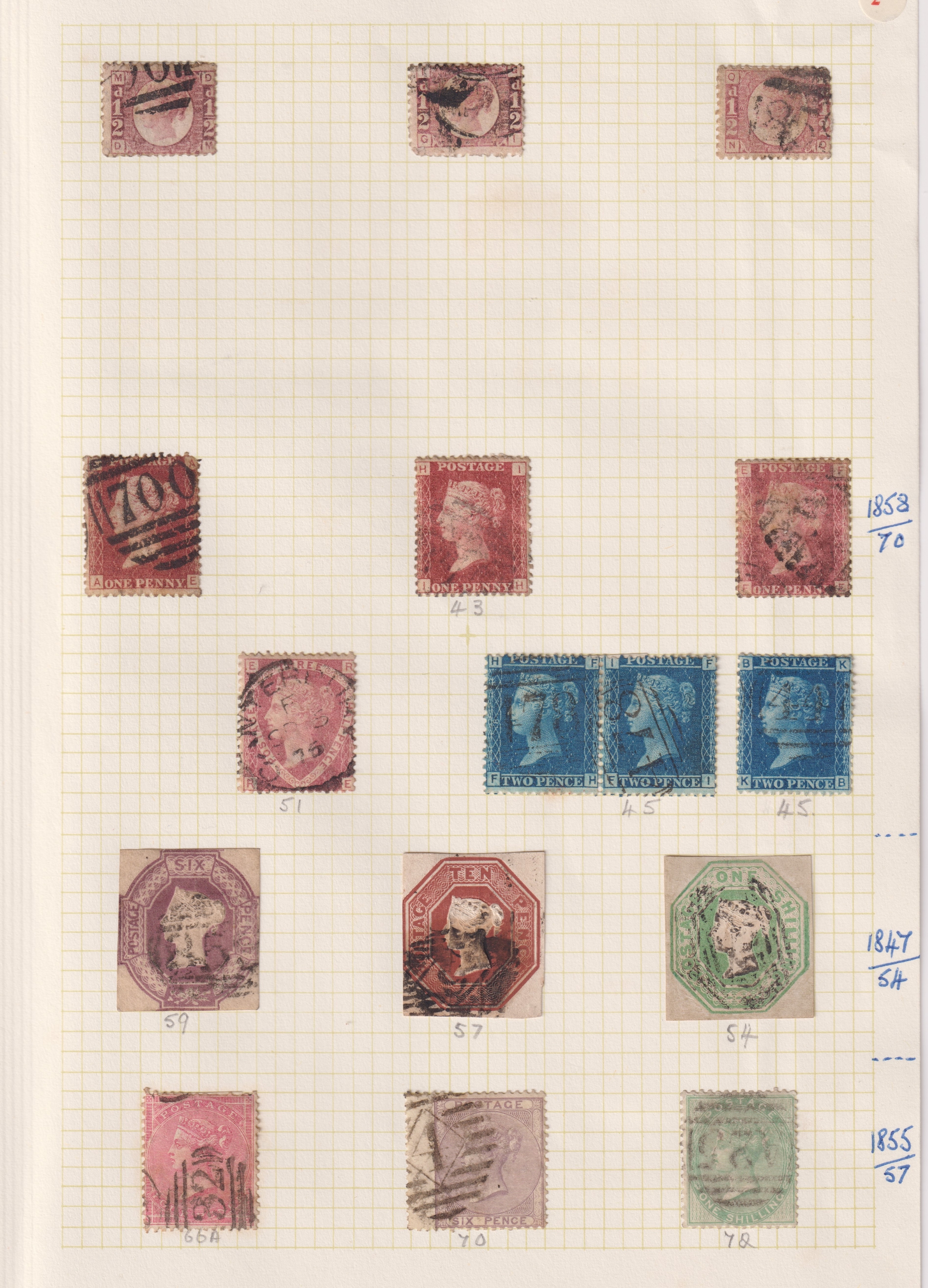 Stamps- A collection of Queen Victoria GB used stamps on six album pages from 1840 penny black to - Image 3 of 6