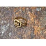 A George IV yellow metal seed pearl cluster ring, centrally set with three seed pearls in raised