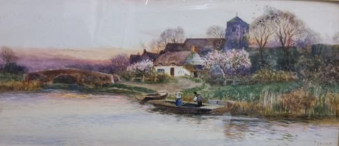 Daniel Sherrin (1868-1940) On the River, signed, watercolour, 29cm x 64cm