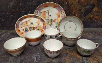 A Newhall oval teapot stand, painted with oriental figures, 17cm wide, c.1790; a similar plate,