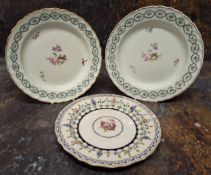 A Derby shaped circular dessert plate, painted with floral sprays, the rim with interlaced turquoise