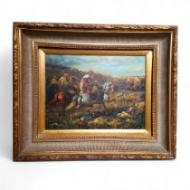 A decorative picture, Arabian Warriors on Horseback, on board, 29cm x 39cm, gilt frame