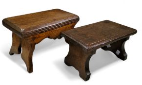 An 18th century oak 'creepie' stool, rectangular top,  trestle base, 15cm high, 28cm wide, c.