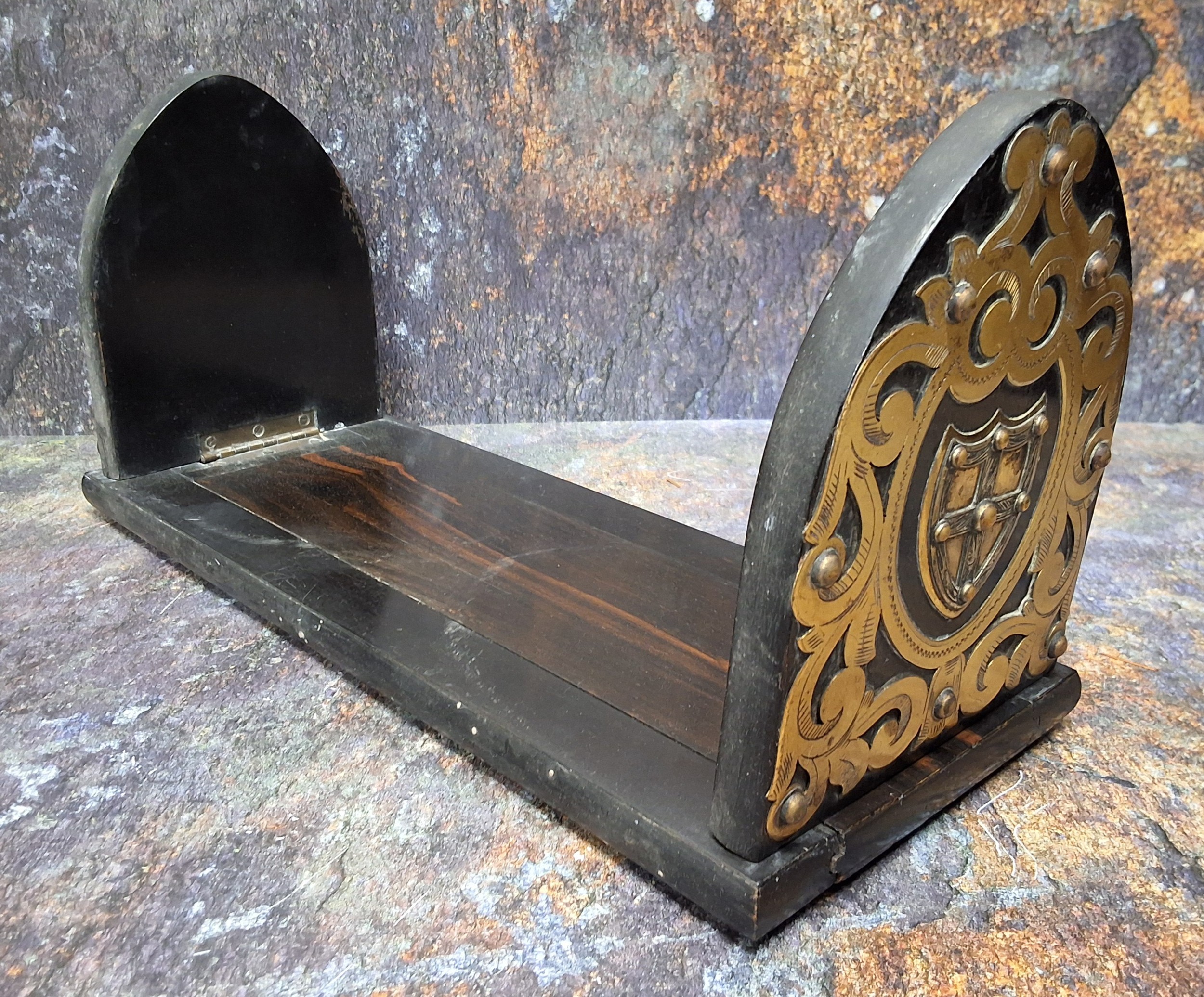 A Victorian Gothic Revival coromandel sliding book stand, pierced and riveted gilt brass cut - Image 2 of 2