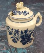 A Caughley Three Flowers pattern wet mustard pot and cover,  tram line borders, flower finial,