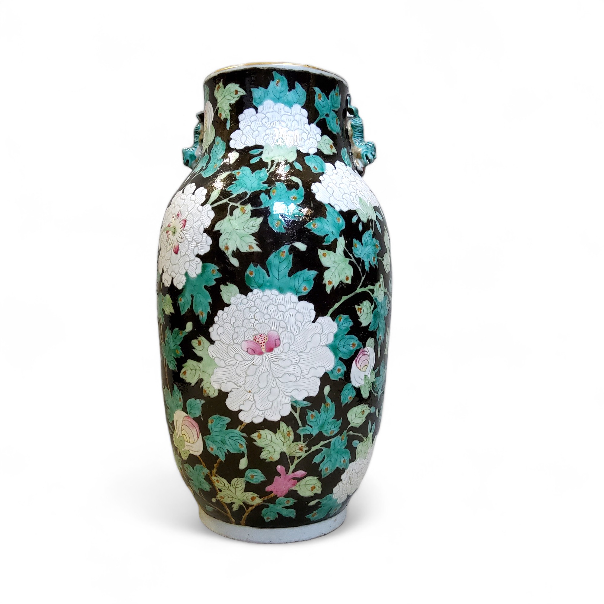 A 19th century Chinese ovoid vase, decorated overall with peonies on a black ground, shi-shi