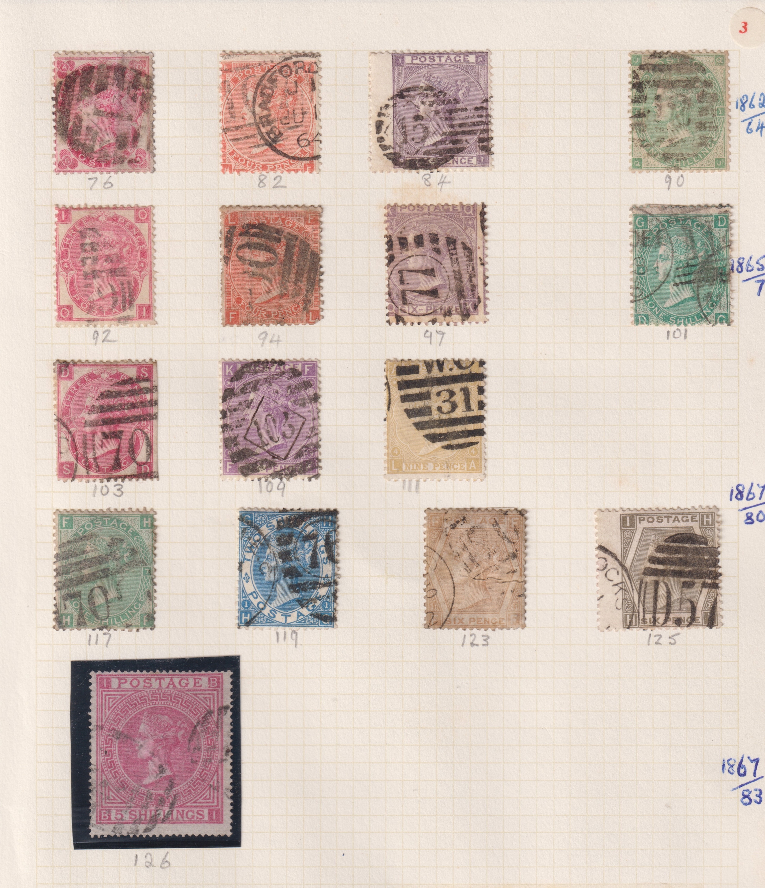 Stamps- A collection of Queen Victoria GB used stamps on six album pages from 1840 penny black to - Image 2 of 6