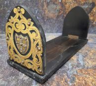 A Victorian Gothic Revival coromandel sliding book stand, pierced and riveted gilt brass cut