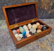 Natural History - mineral eggs, onyx, felspar, amethyst, quartz, etc, mahogany box
