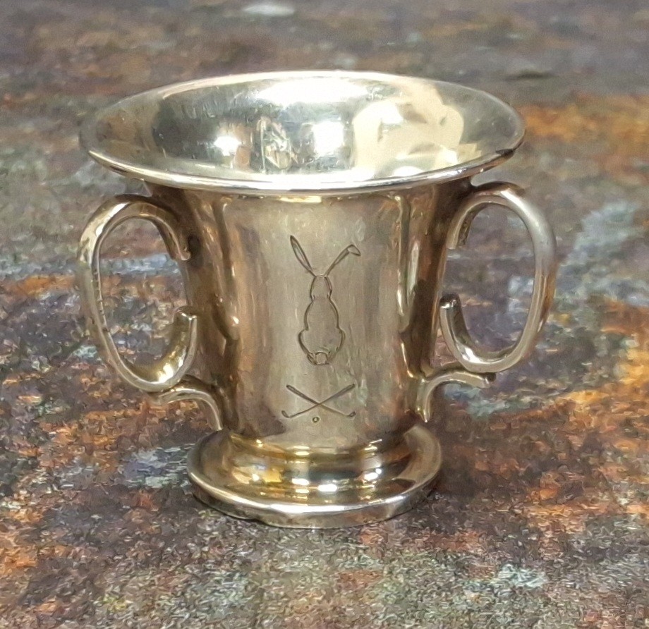 Golfing interest - a silver miniature trophy in the form of a tyg, engraved Troon, Oct. 1949 - Image 3 of 3