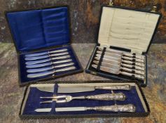 A silver three piece Kings pattern carving set, Sheffield 1971, boxed;  a set of six silver hafted