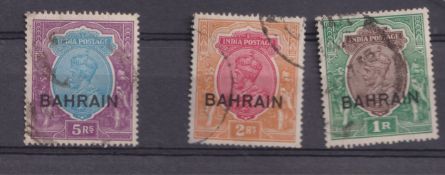 Stamps- King George V India stamps overpinted for use in Bahrain. SG 12, 13 and 14 fine used with