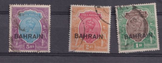 Stamps- King George V India stamps overpinted for use in Bahrain. SG 12, 13 and 14 fine used with