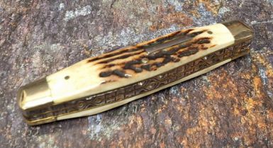 A Stan Shaw three blade Stockman pocket knife, stag scales, vacant cartouche, nickle silver