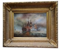 A decorative picture, Galleons in Battle, on board, 29cm x 39cm, gilt frame