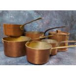 A 19th century copper saucepan and cover, steel handle, 18cm diam, c.1870; others, 18.5cm and