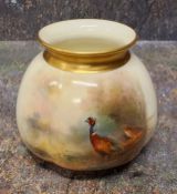 A Royal Worcester lobed ovoid vase, painted by Jas Stinton, signed, with a brace of pheasants, 8cm