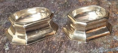 A pair of George II silver canted rectangular trencher salts, each stipple engraved I  I.P  P.A
