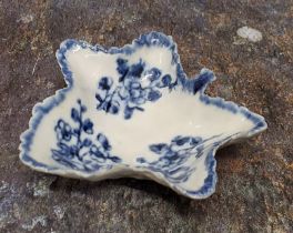A Bristol leaf shaped pickle dish, painted in underglaze blue with three floral sprays,  moulded