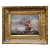 A decorative picture, Galleons in Stormy Weather,   on board, 29cm x 39cm, gilt frame
