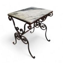 A decorative wrought iron and 'Carrara' marble inset occasional table, 59cm high, 51cm wide, 41.