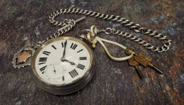 A silver fusee open faced pocket watch, white enamel dial, Roman dials, subsidiary second dial,