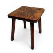 A 19th century rustic oak pollard stool, canted rectangular top, splayed legs, 34cm high, 28cm wide