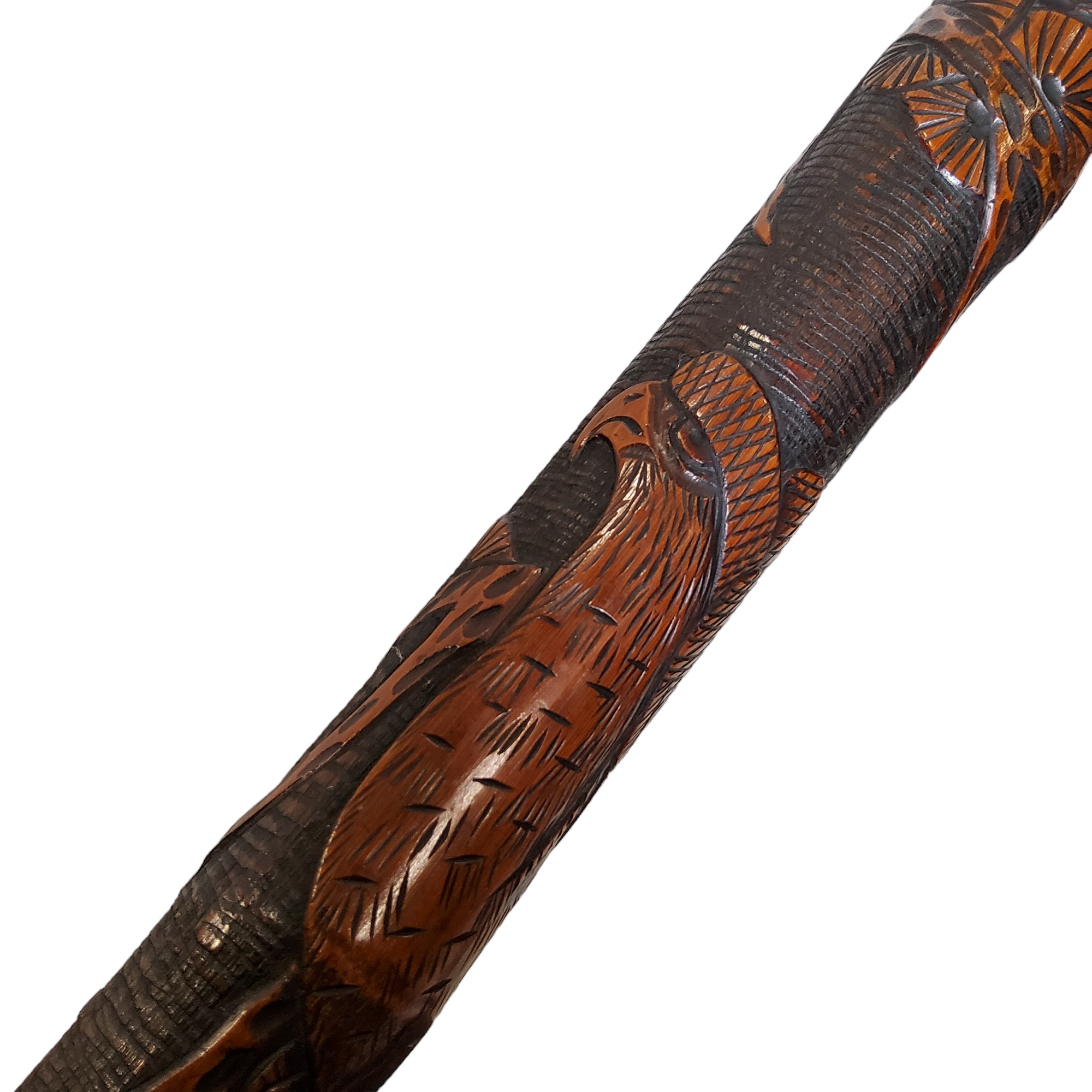 A Japanese bamboo gentleman's walking cane, carved in relief with an eagle and blossoming prunus, - Image 2 of 2